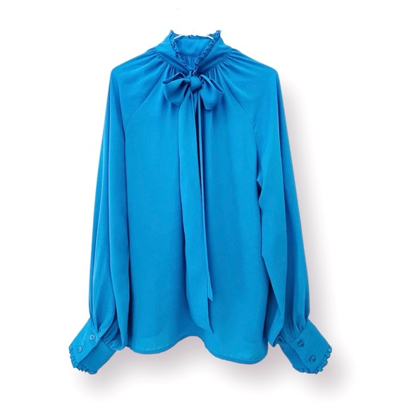 New York & Company Chiffon Blouse Tie-Up Bow Ruffle Neck Women XL Long S… - Picture 7 of 11